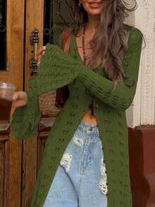 Nuevo cardigan largo de mujer de punto calado con volantes en el bajo, de manga larga, con botones, elegante y sencillo, para uso diario y festivales, estilo streetwear y Y2K, otoño e invierno 2025