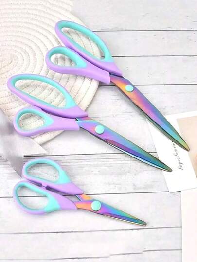 3pcs/Set Durable Household Scissors, Colorful Craft Scissors Set - Sharp Titanium Steel Blades, Soft Rubber Handles, Multipurpose Stainless Steel Scissors For Office, Sewing, Arts & Crafts, School Supplies