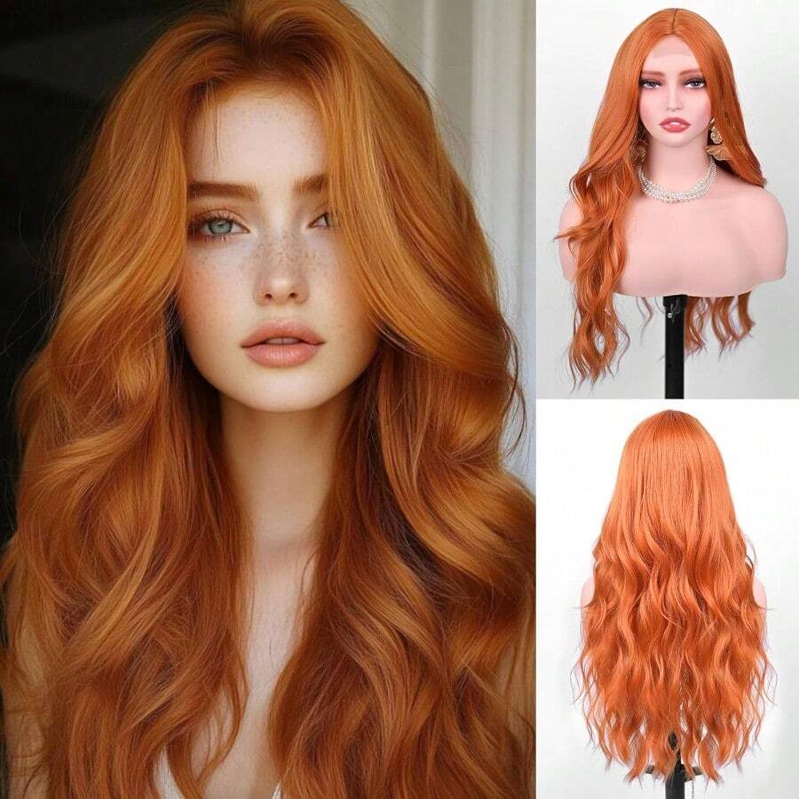 DLong Ginger Orange Wavy Wig For Women 26 Inch Middle Part Curly Wigs Lace Hairline Wigs Synthetic Fiber Wigs For Daily Party Use Ginger Orange10 - 薑橙 - 查看 1