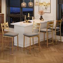 Meiyiu Bar Stools Set Of, Faux Leather Bar Chair With Back, Thick Cushion, Upholstered Counter Height Bar Stools With Footrest For Kitchen Island, Counter Bar - 金色-4pcs - 查看 7