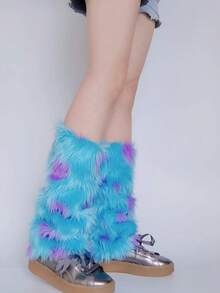 1双女士毛绒腿套，25厘米彩虹豹纹Y2K风格腿套，适合派对穿着，舒适保暖 - 彩色 - 查看 3