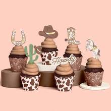 24pcs/Set,Western Cowboy Cupcake Wrappers + Toppers - Rodeo Birthday Cake Decoration,Cow Print Bandana Cupcake Liners Horse Cactus Horseshoe Howdy Picks For Wild West Cowboy Birthday Party Supplies - Multicolor - View 7