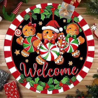 1件装天鹅绒地毯地垫，圆形圣诞主题，可爱姜饼人图案，装饰地毯，适用于节日庆典、客厅、玄关、餐厅，柔软舒适，也可用作厨房地毯