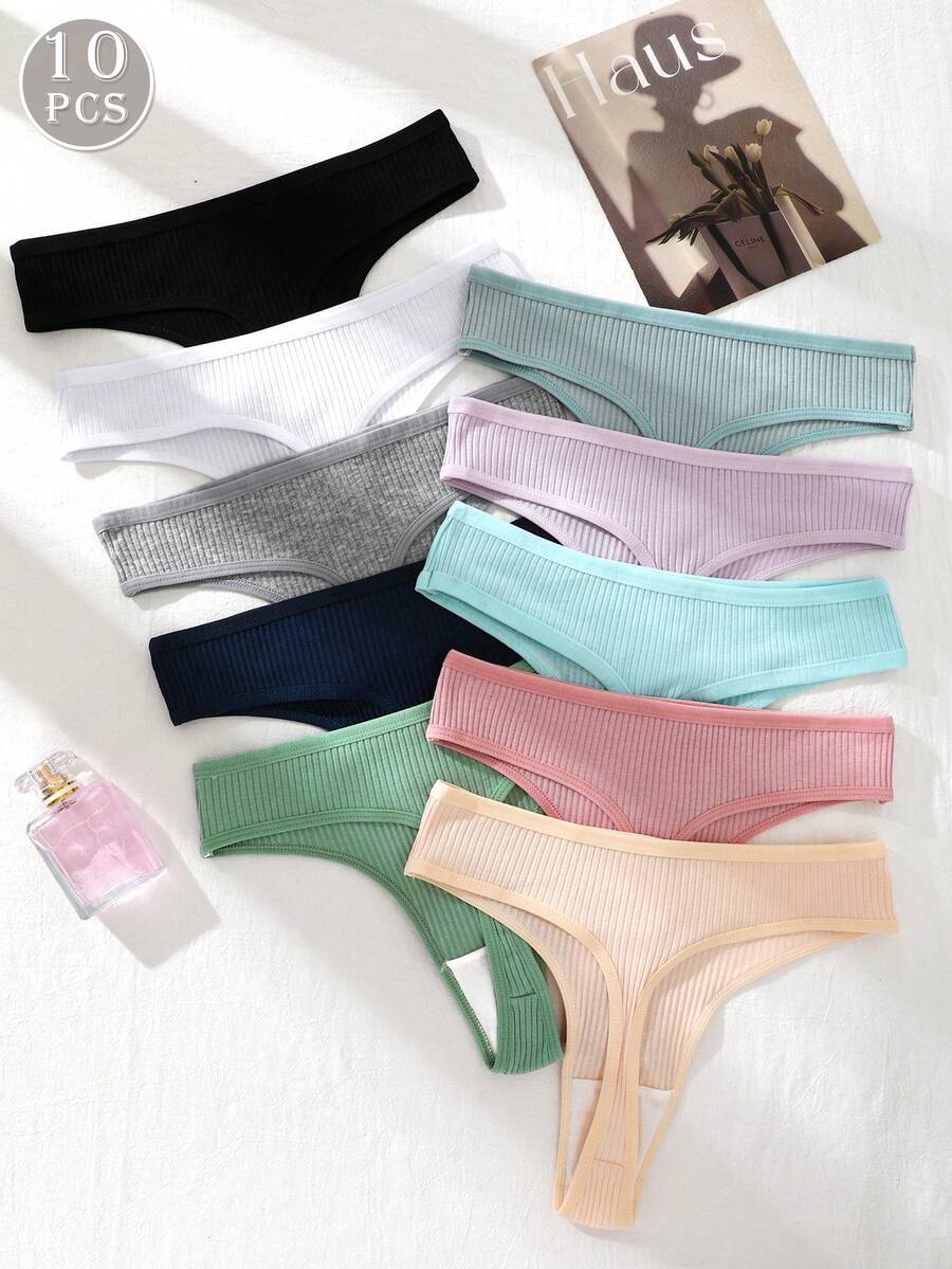 10 Pcs Ribbed Thongs Seamless Underwear Women Set Lingerie Sexy Panties Knickers Pants Briefs Women Ribbed G String Thongs T Back Bikini Briefs Ribbed Comfy Underwear Women Set Knickers Women Pants Women Underwear Lingerie Sexy Set Cute Panties Winter Autumn - Multicolor - View 1
