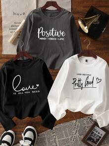 3 Stück/Set Rundhals Langarm Einfarbige T-Shirts, modisch & vielseitig einsetzbare Damen Oberteile, geeignet für Herbst/Winter/Frühling