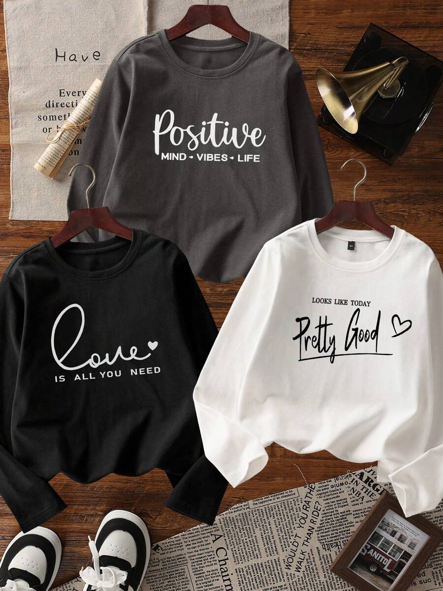 3 Stück/Set Rundhals Langarm Einfarbige T-Shirts, modisch & vielseitig einsetzbare Damen Oberteile, geeignet für Herbst/Winter/Frühling