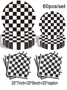 Black And White Checkered Themed 20/40/60/80/100 Disposable Tableware Set, Including 7-Inch Paper Tray, 9-Inch Cardboard, 9-Ounce Cup, Napkins, Suitable For Daily Gatherings, Birthday Parties, Bridal Showers, Baby Showers, Clubs, Weddings, Tea Parties - Multicolor - View 14
