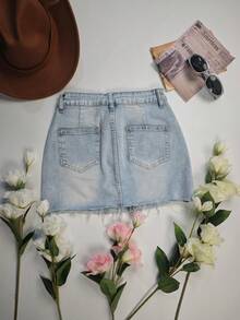 Spring/Summer Women's Washed Stretch Denim Mini Skirt, Perfect For Valentine's Day Outfits - Blue - View 7