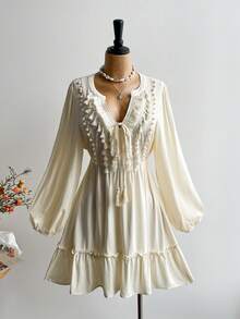 Rusttydustty 女士波西米亚风优雅流苏系带长袖连衣裙，休闲度假连衣裙，适合新年、情人节等场合