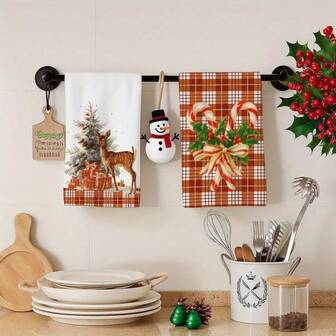 2 Sets Of Christmas Themed Kitchen Towels, Designed With Cane Candy, Holly Berries, And Reindeer Christmas Tree, In Gold And Brown Tones, Machine Washable, Heat-Resistant, Absorbent, And Reusable, Kitchen Accessories, Suitable For Room Decoration, Kitchen And Bathroom Towels, Party Decoration, Christmas Decor Home, It Is An Ideal Christmas Gift.