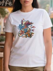 Camiseta casual para mujeres de 220g de algodón puro gruesa y cómoda con diseño de oso de estilo artístico abstracto y letras - Blanco - Ver 1