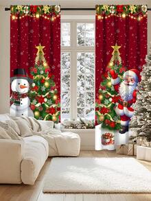 2 piezas Cortinas navideñas festivas, 60x150cm Cortinas de poliéster para decoración navideña, diseño de Papá Noel, muñeco de nieve y árbol de Navidad en rojo oscuro, cortinas filtrantes de luz para dormitorio, sala de estar, diseño de bolsillo para barra, decoraciones navideñas para el hogar 2025, decoración navideña y de invierno, suministros para fiestas navideñas, diseño plano 2D