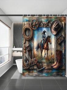 4 Stücke Badezimmer Vorhang Set im Bauernhof-Stil mit Pferdemotiv, moderne Badezimmer Dekoration, wasserdichter Stoffvorhang Set mit 12 Haken, rutschfeste Badematte, U-förmige Toilettenauflage, Toilettendeckel, geeignet als Geschenk für Zuhause, St. Patrick's Day Badezimmer Accessoires, Rückkehr zur Schule