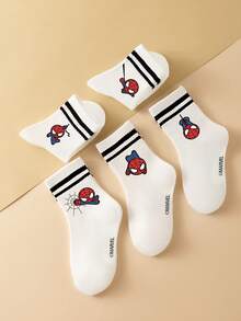 Marvel 5 Pairs Kids Socks, Superhero Spider-Man Socks, Boys' Mid-Calf Socks, Double Bars Korean Style Black & White Cartoon Socks, Autumn/Winter, Girls' Spider-Man & Superhero Character Socks - Multicolor - View 6