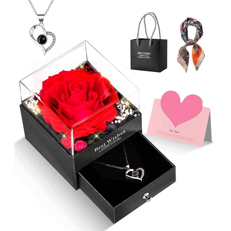 Flores Rosa Eterna Y Collar De Corazón Regalo Para Mujeres - Rojo - Ver 1