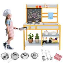 Outdoor Mud Kitchen For Kids,Outdoor Play Kitchen,Wood Outdoor Kitchen Playset With Removable Sink & Faucet,Dual-Sided Chalkboard,Storage Shelves&Pretend Stove,For Children Ages 3+ - Azul claro amarillo - Ver 1