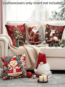 4pcs/1pc Bright Red Christmas Holiday Pillow Cover - Santa Claus, Reindeer, Christmas Tree And Holiday Decorations Design, 18x18 Inches | Zipper Closure | Bright Color Polyester Material | For Living Room, Room Decoration, Sofa And Bedroom (Filling Not Included) Great For Christmas Decorations, Christmas Party, Bedroom Decor, Home Decor - Multicolor - View 2