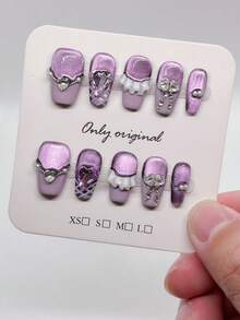10 件紫色和绿色按压式纯手工法式猫眼秋季指甲 - 短棺材可重复使用假指甲，充满爱意，圣诞节指甲，万圣节指甲，易于涂抹的女性美甲，是派对婚礼日常的完美礼物 - 紫色 - 查看 2