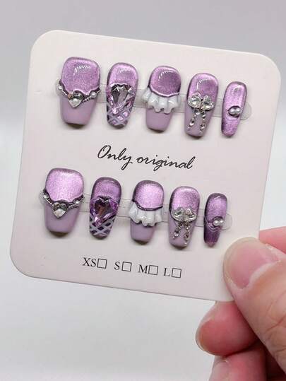 10 件紫色和绿色按压式纯手工法式猫眼秋季指甲 - 短棺材可重复使用假指甲，充满爱意，圣诞节指甲，万圣节指甲，易于涂抹的女性美甲，是派对婚礼日常的完美礼物