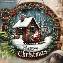 2D plat, 1 panneau en bois de Noël - Scène d'hiver 2D, Père Noël sur un traîneau, maison enneigée et pins, décorations de fête rouges et vertes, convient pour accrocher à la porte ou au mur, ornements de Noël, le meilleur pour Noël
