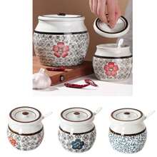 Borcan ceramic cu untură de porc, sticlă de condimente ceramice în stil tradițional chinezesc japonez, cu capac, lingură, recipient de condimente rezistent la temperaturi ridicate, accesorii de bucătărie, consumabile pentru petreceri de Crăciun, cină în familie