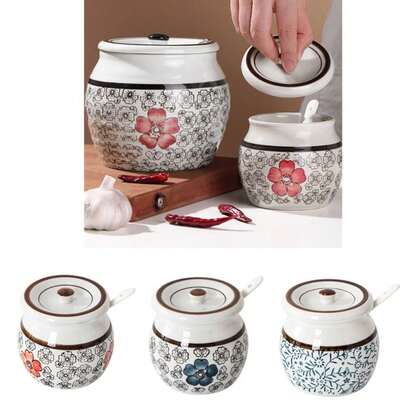 Tarro de cerámica para manteca estilo tradicional chino y japonés, botella de cerámica para condimentos con tapa y cuchara, resistente a temperaturas, recipiente para condimentos, accesorios de cocina, suministros para fiestas de Navidad, cena familiar