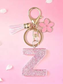 1pc DIY Pink 26 English Alphabet Keychain, Resin Glitter Flower Tassel Key Chain For Women Christmas Gift