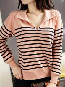 Suéter casual de mujer con rayas, cuello solapa contrastante, ribete acanalado, corte holgado, manga larga, V escote, ideal para primavera y otoño, perfecto para oficina y uso diario. - Marrón con negro - Ver 2