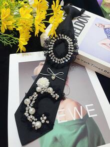 1 chiếc cà vạt polyester bóng cho nữ, cà vạt ren ngọc trai giả cổ điển thanh lịch, thiết kế độc đáo với họa tiết pha lê, thích hợp cho những dịp trang trọng, tiệc tùng, nơ phù hợp với trang phục để trang trí Giáng sinh - Ren OC - Xem 8