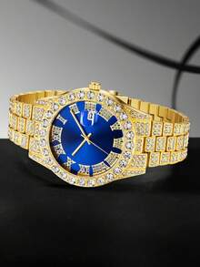 4PCS Gold Alloy Strap Luxury Men's Watch Set Fashion With Calendar Roman Digital Scale Dial Quartz Watch Bracelet Necklace Set Suitable For Daily Clothing Matching Perfect Gift