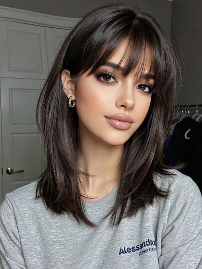 12 Inch Ombre Brown Black Gold Wig, Women's Short Straight Bob Hairstyle With Bangs, Heat Resistant Synthetic Fiber Wig, Fashion Versatile, Suitable For Women & Girls For Daily Wear, Parties, Cosplay, Photography And More