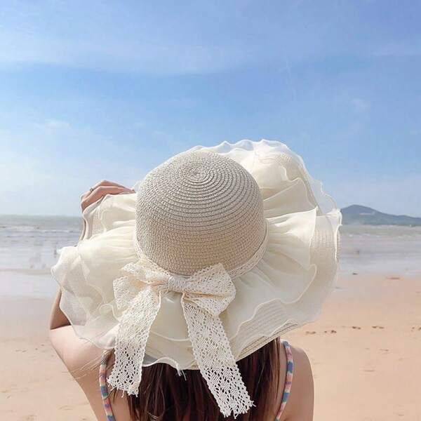 1 pièce Chapeau de paille avec nœud en dentelle pour femmes, chapeau d'été à large bord pour protection solaire et UV, chapeau de soleil pour vacances à la plage