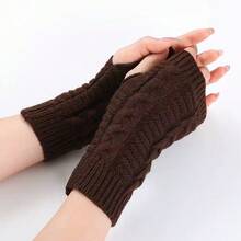 1 Pair Women's Fingerless Knitted Knitted Gloves, Warm & Versatile For Students, Casual Daily Wear, Autumn/Winter - Coffee Brown - View 2