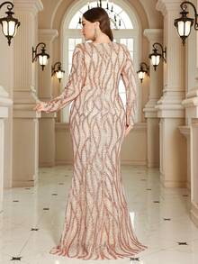 XUIBOL Plus Size Elegant Sequin Maxi Mermaid Dress, V-Neck, Regular Sleeve, Suitable For Formal Evening Wear - Champagne - View 6