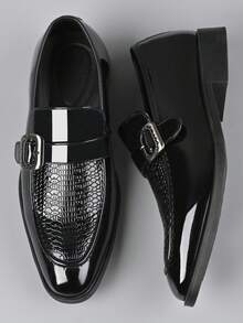 Nuove scarpe casual da uomo per l'autunno, scarpe eleganti slip-on con motivo floreale lucido e chiusura a fibbia - nero - Visualizzare 4