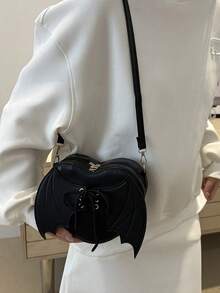 纯色蝙蝠简约纹理新款时尚设计国外风格个性化爱心单肩斜挎女包，情人节 - 黑色 - 查看 2