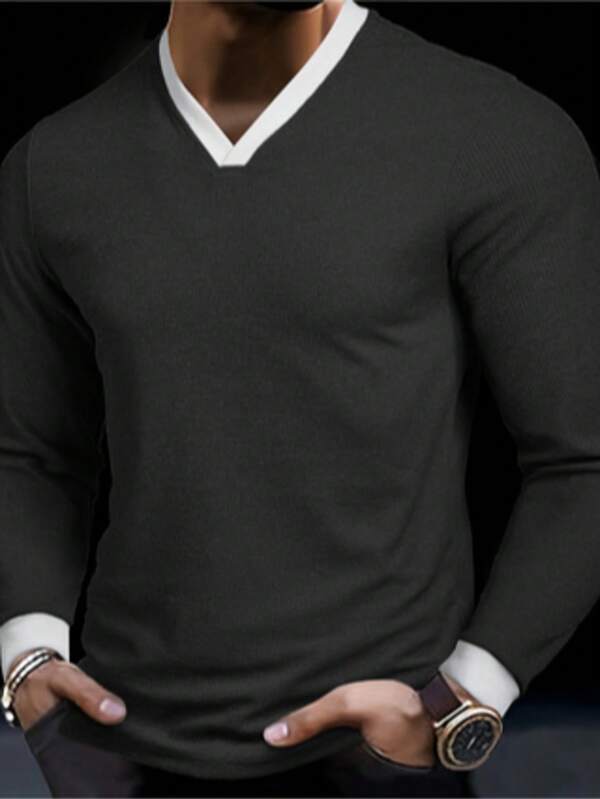 Men's Textured Fabric Splice Ribbed Cuff & Collar Outdoor Casual Henley Shirt, New Autumn Collection