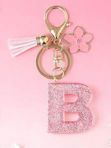 1pc DIY Pink 26 English Alphabet Keychain, Resin Glitter Flower Tassel Key Chain For Women Christmas Gift