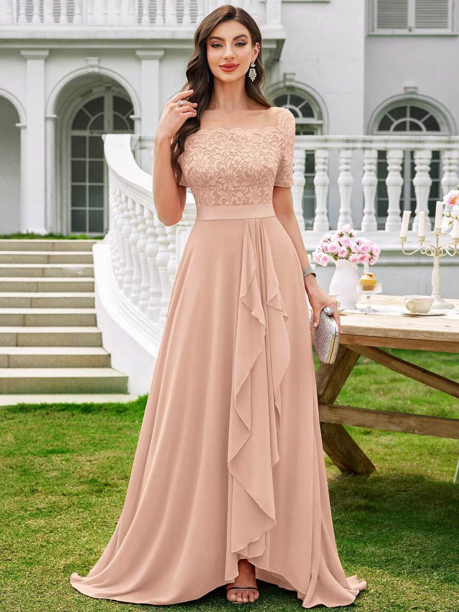 MIUSOL Elegant Women's Floral Lace Boat Neck Contrast Champagne Chiffon Maxi Dress With Ruffle Trim Flowing Hem, Formal A-Line Gown For Wedding Guest, Evening Party And Holiday - Rượu sâm banh - Xem 1