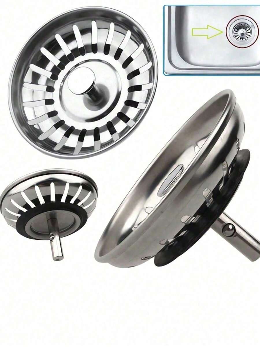 1/2pcs - Kitchen Sink Strainer Basket And Plug Replacement Set, Fits Standard Drain, Stainless Steel Strainer Basket With Plastic Knob, Rubber Plug Base