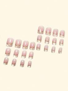 24pcs Short Square Nail Stickers, Nude Base Color With Glitter Tips And Gold Lines, Salon Quality, Easy To Apply, Set Includes 1 Bottle Of Nail Glue And 1 Nail File, Perfect For Office And Date Night. Nail Art Supplies - 彩色 - 查看 4