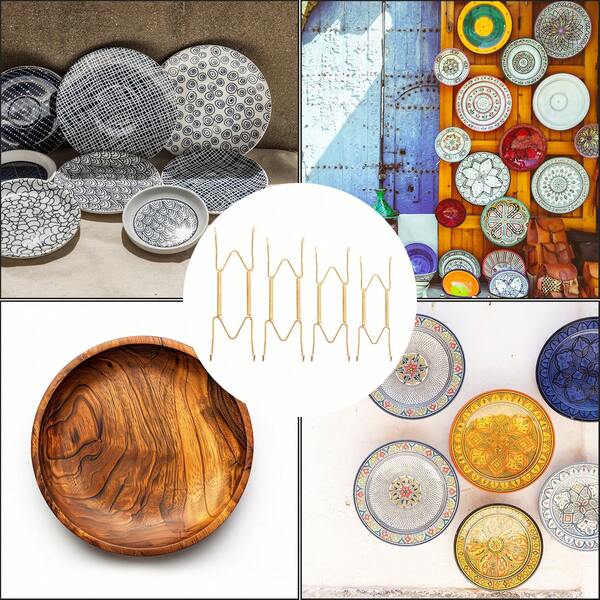 1 set Soportes para platos para paredes, ganchos en forma de W de acero dorado, soporte vertical para platos, montaje en pared para exhibir platos decorativos y antigüedades