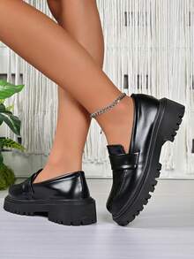 女士黑色皮革乐福鞋，复古圆头，粗跟，一脚蹬，通勤，英伦风，春秋季 - 黑色 - 查看 3