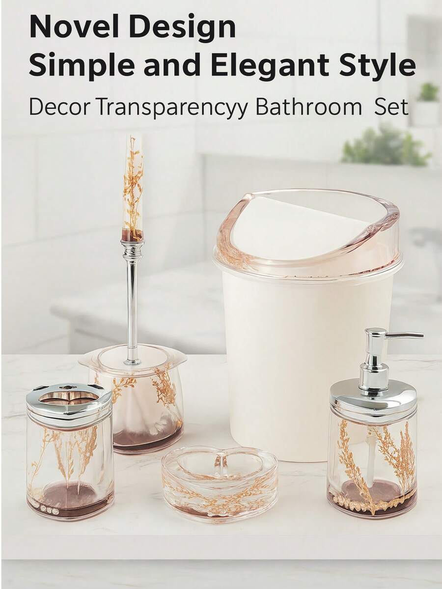 Minimalist & Elegant Designed Transparent Bathroom Accessories Set - White Transparent Coral Pink Acacia Vine Pearl Set - View 1