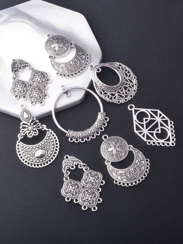 12 قطعة من أقراط الشماعات الهندسية القمرية المجوفة بطراز بوهيمي عتيق بلون الفضة، أقراط قلادة بتصميم بياني للنساء، إكسسوارات DIY