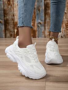 Women's Leather & Mesh Splice Thick Sole Sneakers, Lace-Up Outdoor Breathable Casual Running Shoes, Anti-Slip Elevated Fashion Footwear