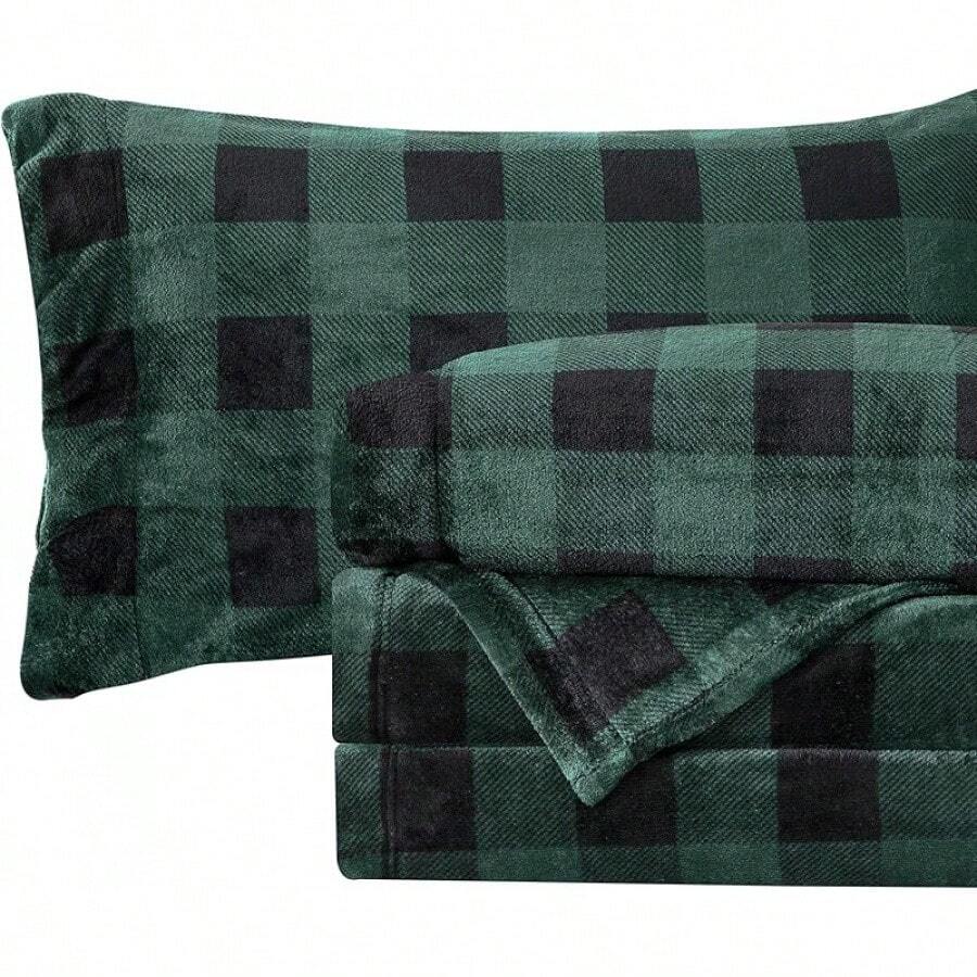 Elegant Comfort Soft 4-Piece Velvet Flannel Sheet Set - Premium Quality - Cozy Warm, Anti-Static, Non-Pilling Fuzzy Deep Pocket Sheet Set -, Gray, Velvet Bedding, Popular Flannel Sheets 2025 - Buffalo Green - Xem 1