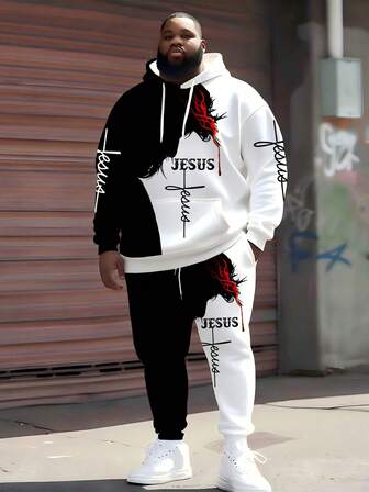 ZhuYa 时尚“街头涂鸦图案&耶稣符号印花”加大码男士连帽衫套装，休闲运动两件套，适合春、秋、冬季穿着 - 加大码宽松街头风连帽卫衣+慢跑裤