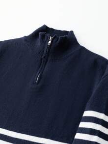 男士休闲宽松条纹 Polo 领拉链针织衫，简约商务通勤风格，秋冬款 - 藏蓝色 - 查看 4