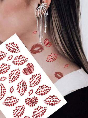 1 Stück realistischer Lippen-Strass Temporärer Tattoo Aufkleber, Geschenk für Frauen und Mädchen, Körperschmuck Strass Aufkleber, Valentinstag Strass Aufkleber